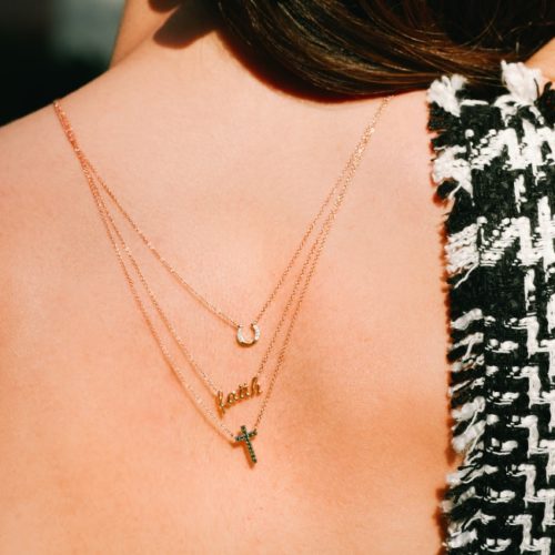 Model Wearing Cross -14K "Faith" Diamond Necklace